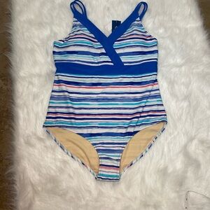 Talbots Blue and White One Piece Swimsuit Sporty Striped Design